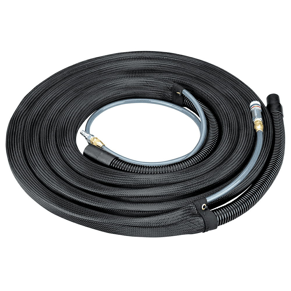 Conductive vacuum hose with integrated air line, 20 ft. length, 1/4" NPT coupler and plugs, mesh protective over-hose