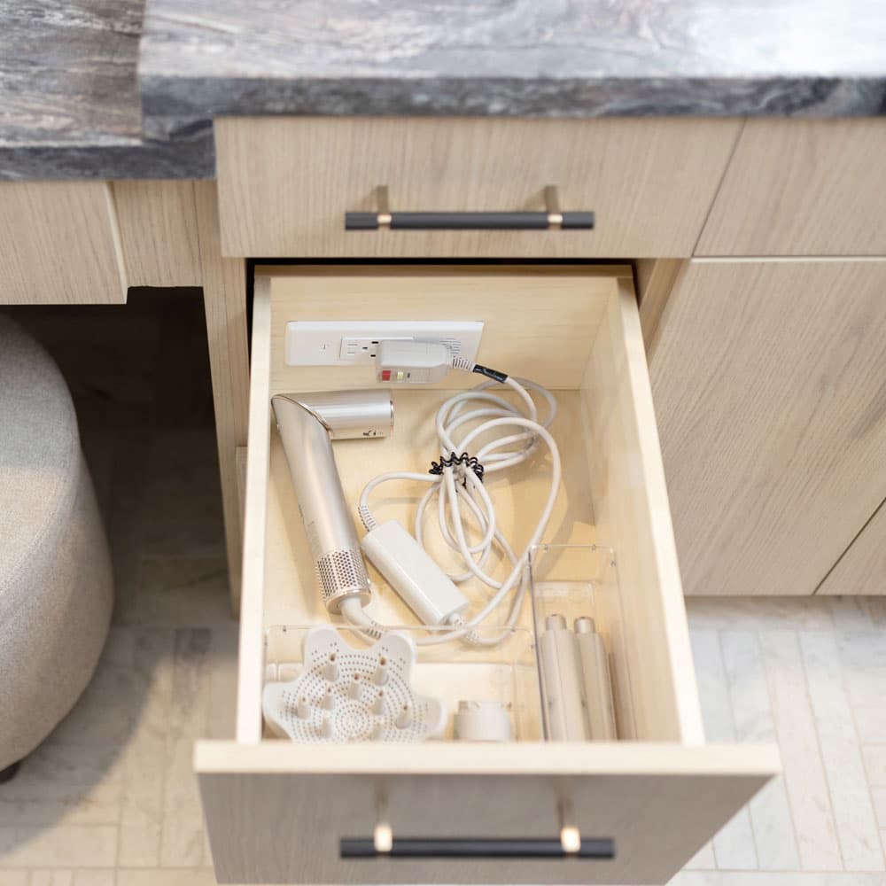 Docking Drawer 15 Amp Blade Compact Vanity Outlet with 2 30W USB-C Ports & 2 AC Outlets, Stainless Steel - LifeStyle Image