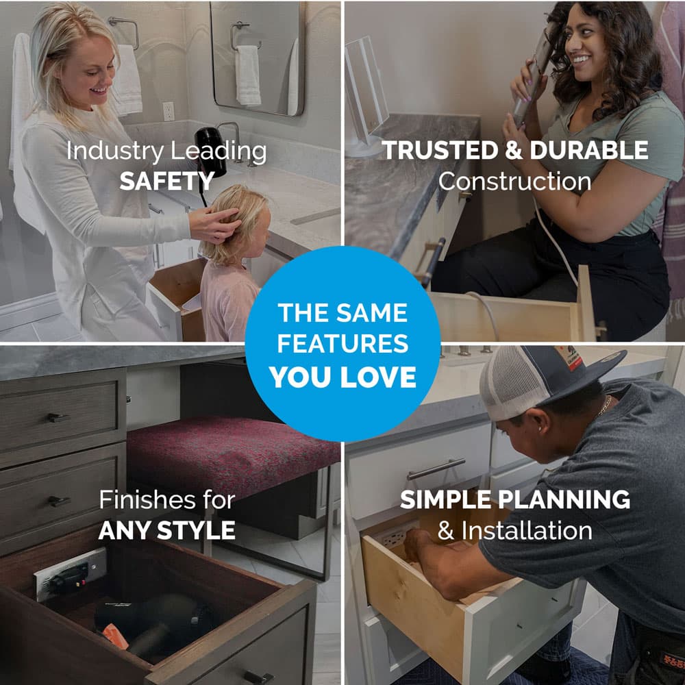 Docking Drawer 15 Amp Blade Compact Vanity Outlet with 2 65W USB-C Ports & 2 AC Outlets, Stainless Steel - Feature 3 Image