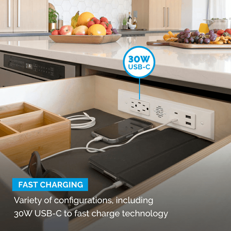 Docking Drawer Blade Duo In-Drawer Outlet with 2 15-amp AC Outlet and 4 30W USB-C/2 USB-A Port, White Alt 6 - Image