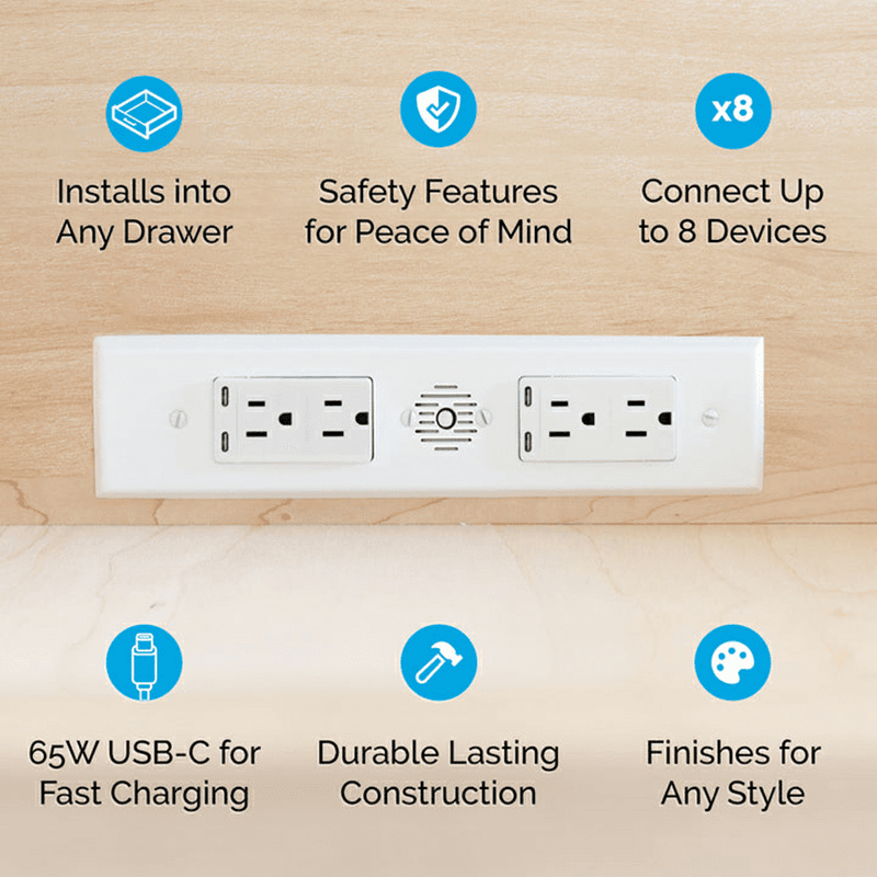 Docking Drawer Blade Duo In-Drawer Outlet with 4 15-amp AC Outlet and 4 65W USB-C Port, White Alt 2 - Image