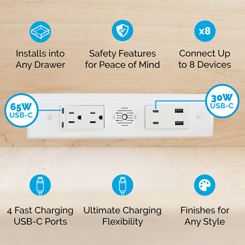 Docking Drawer Blade Duo In-Drawer Outlet with 2 15-amp AC Outlet and 2 65W USB-C/2 30W USB-C/USB-A Port, White Alt 4 - Image