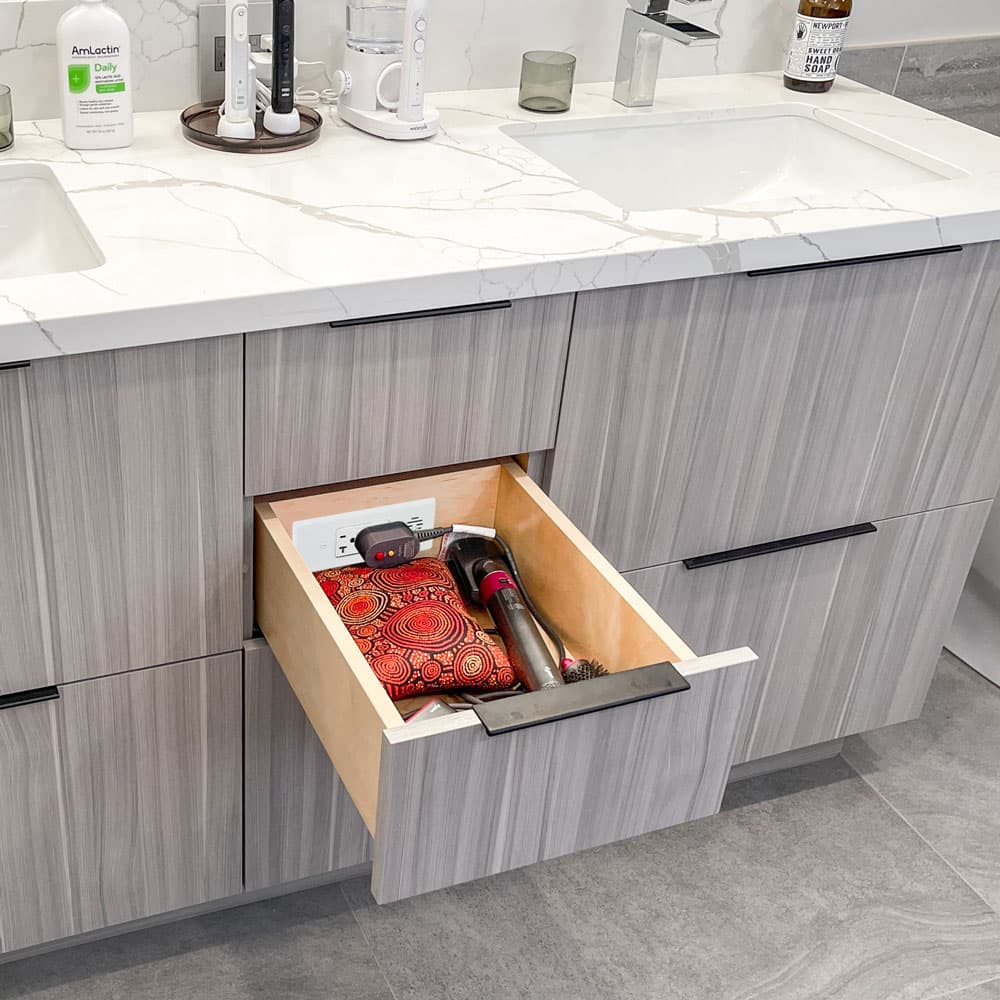 Docking Drawer 20 Amp Blade Compact Vanity Outlet with 2 AC GFCI Outlets, Stainless Steel - LifeStyle Image