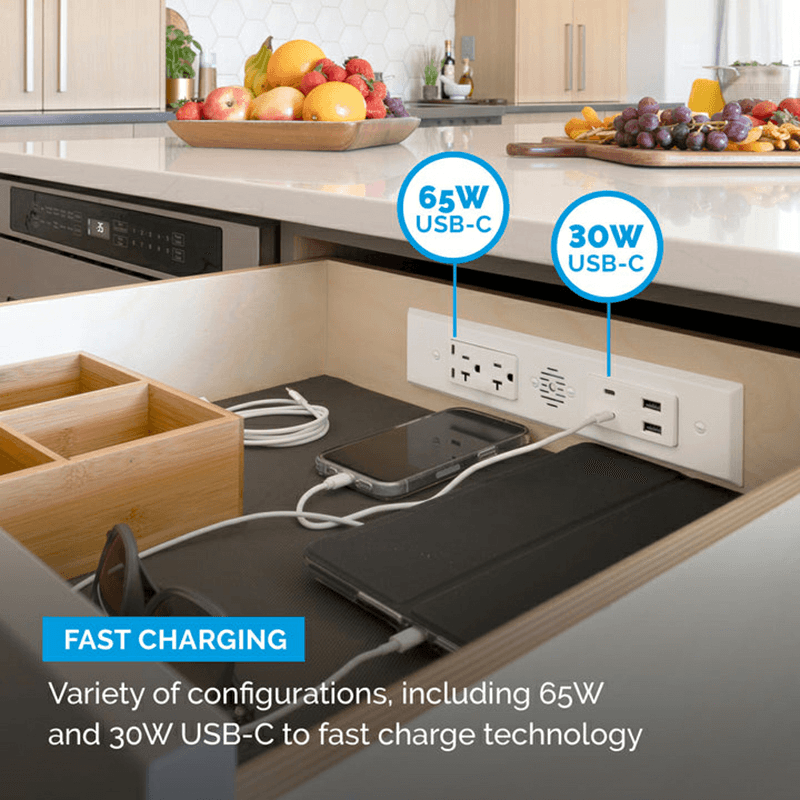 Docking Drawer Blade Duo In-Drawer Outlet with 2 20-amp AC Outlet and 2 65W USB-C/30W USB-C/USB-A Port, White Alt 6 - Image