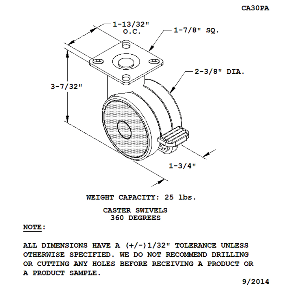 Twin wheel caster with mounting plate and 360˚ swivel