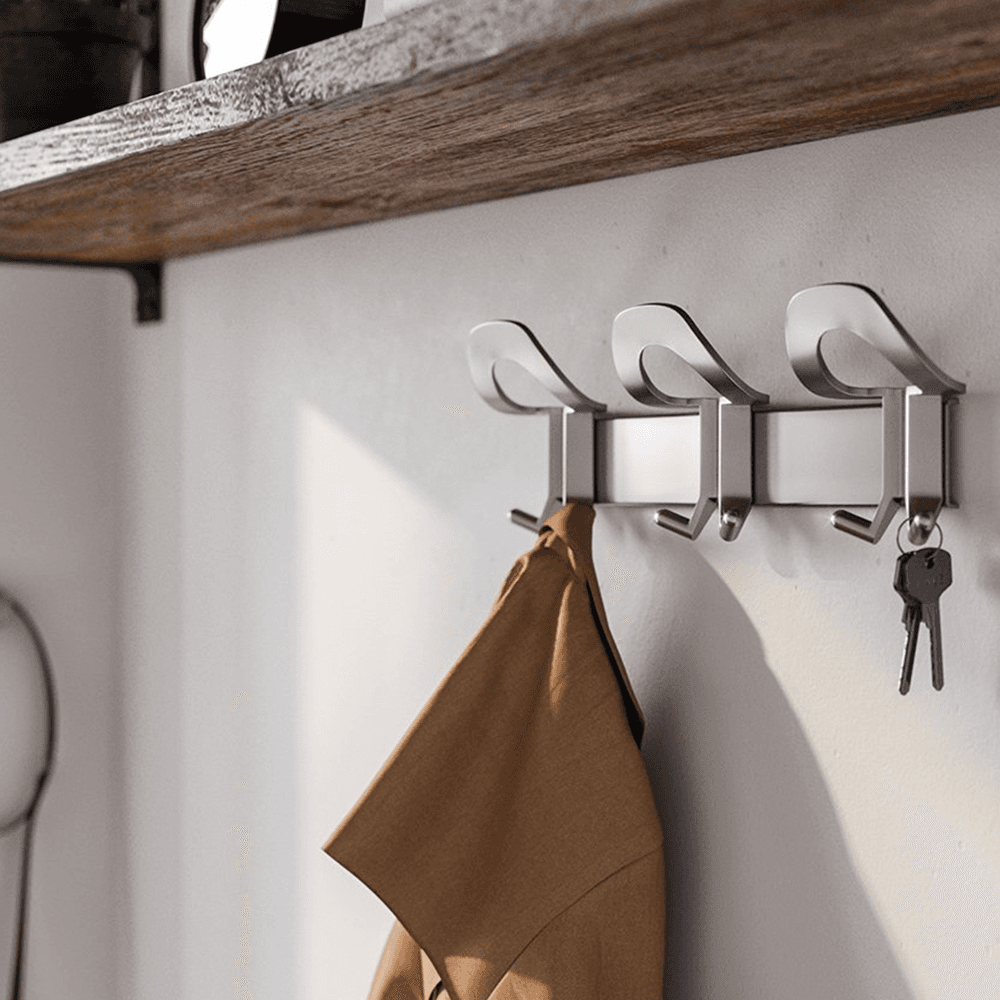 Sleek Metallic Silver Coat Hook with Unique Loop and Double Hooks by Doug Mockett And Company Inc