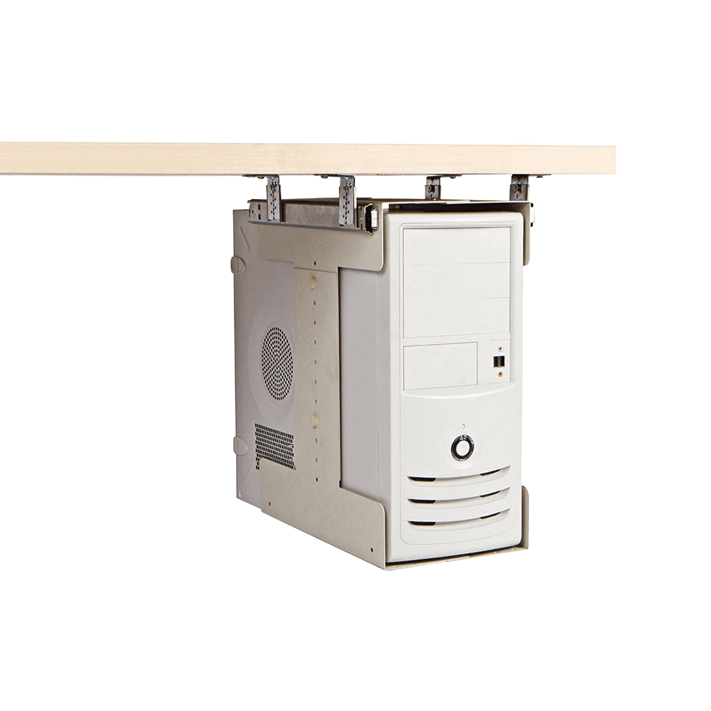 Sliding Universal CPU Holder, Matte Black - Suspends under desk with 14" slides for 12" movement, mountable horizontally or vertically.
