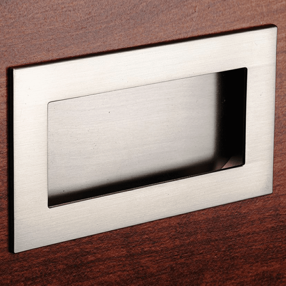 Matte chrome rectangular flush pull by Doug Mockett And Company Inc