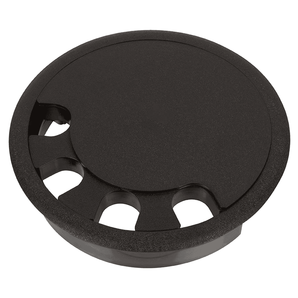 9-1/16" matte black floor access grommet with swiveling top and multiple cable slots