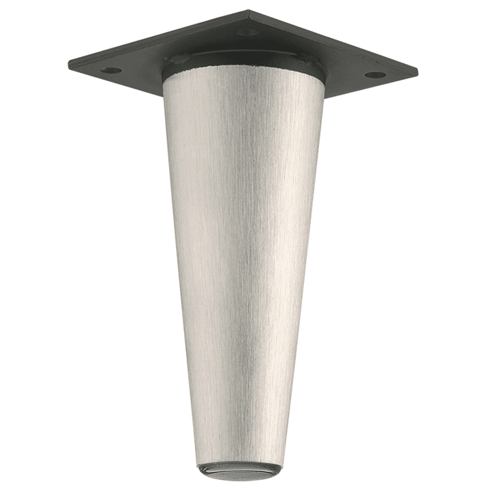 Satin stainless steel tapered furniture leg with adjustable glide leveler, 2"-1" at bottom, 5-1/2" max height and 3" square top plate.