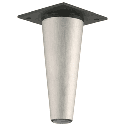 Satin stainless steel tapered furniture leg with adjustable glide leveler, 2"-1" at bottom, 5-1/2" max height and 3" square top plate.