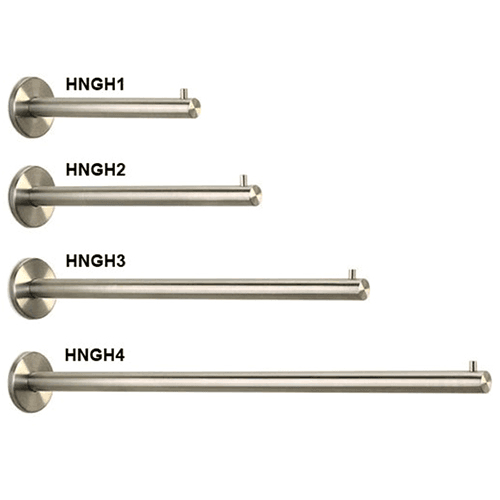 Satin stainless steel HNGH1 clothes and coat hanger holder with pin at end for hangers on rod.