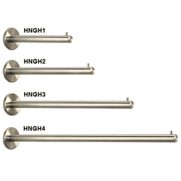 Satin stainless steel HNGH1 clothes and coat hanger holder with pin at end for hangers on rod.