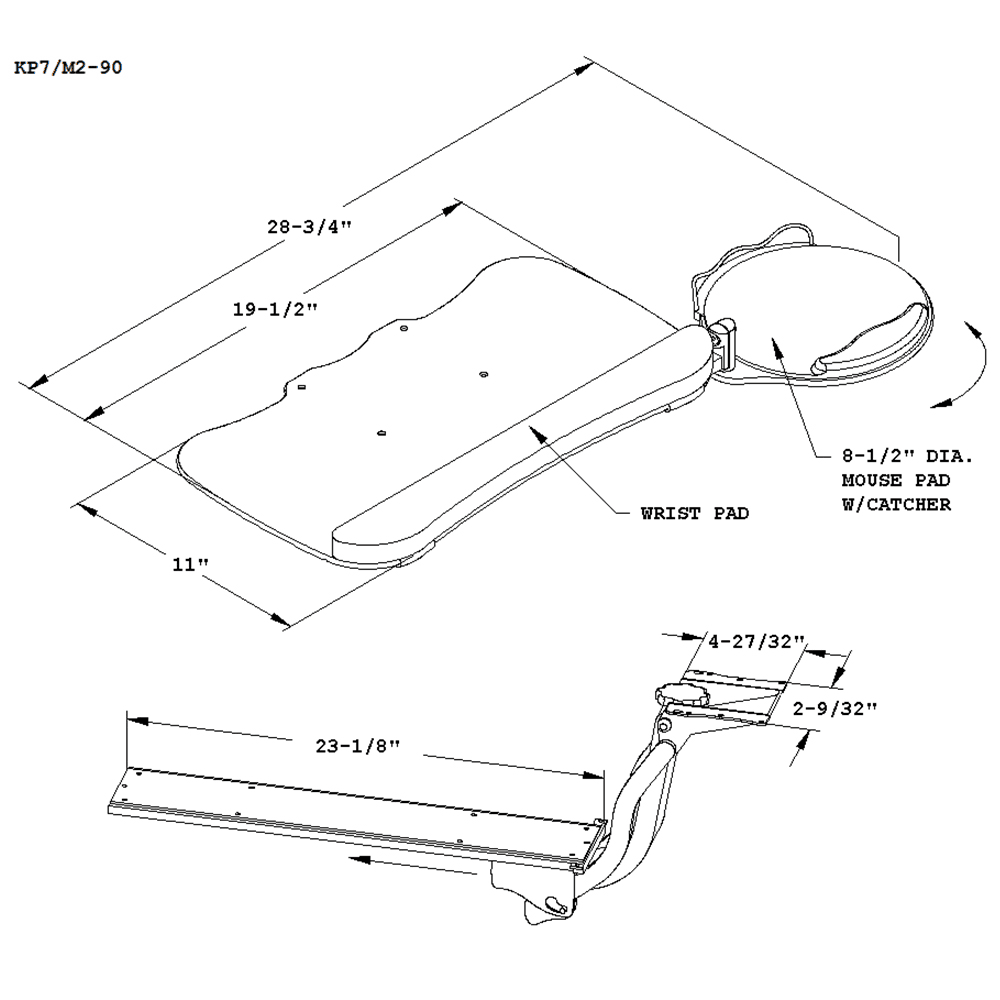 Ultra thin keyboard tray with rounded edges and removable gel pad for wrist support.