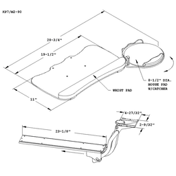 Ultra thin keyboard tray with rounded edges and removable gel pad for wrist support.