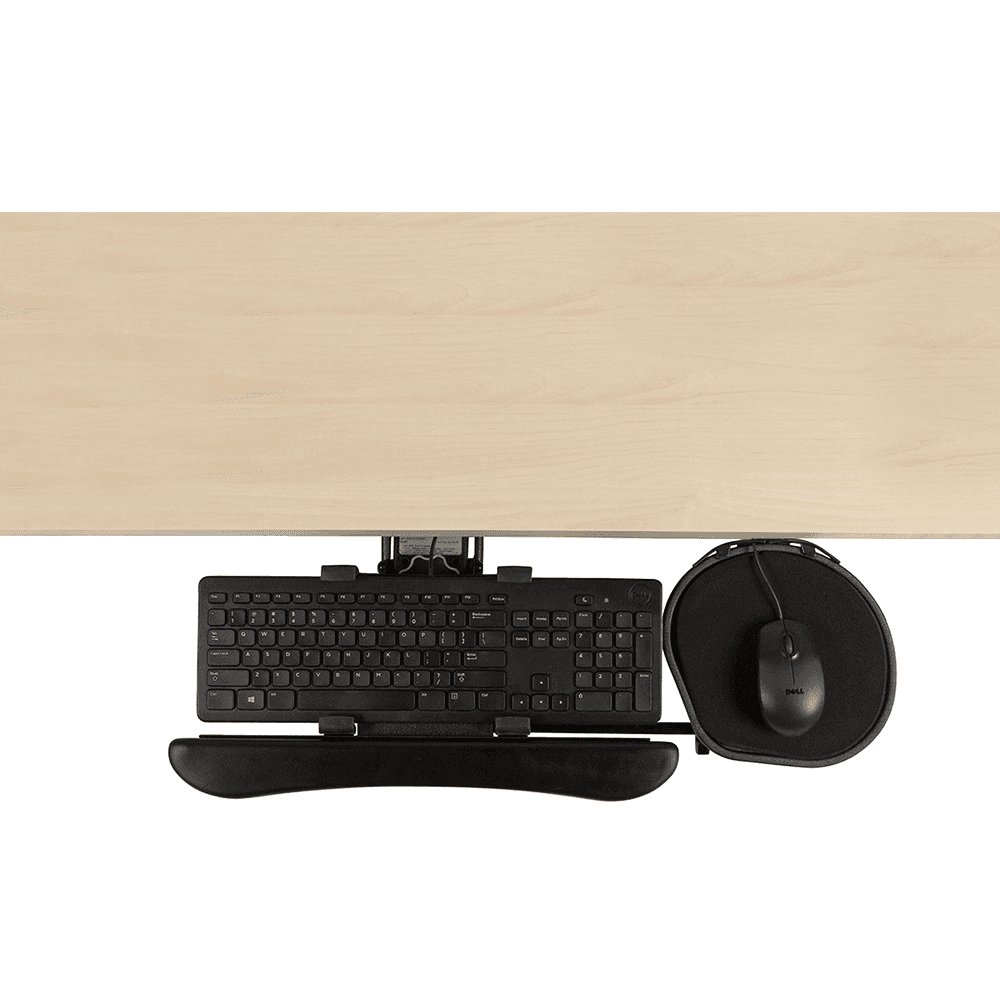 KP9 adjustable keyboard tray with swiveling mouse platform in matte black finish