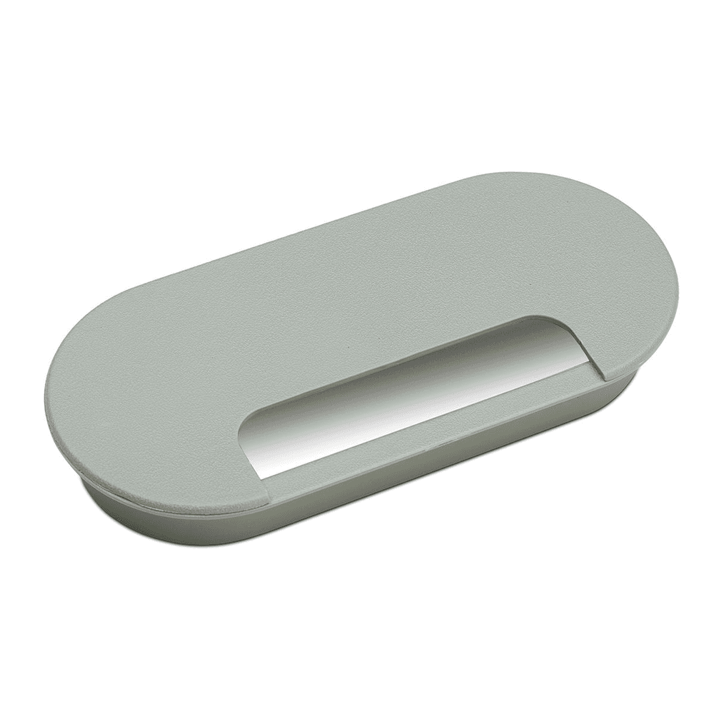Warm Gray King Kong Oval Desk Grommet Set by Doug Mockett And Company Inc, 6-1/2" x 3" size with LO1 liner and LO2 cap. Flip-Top tab covers slot when not in use.