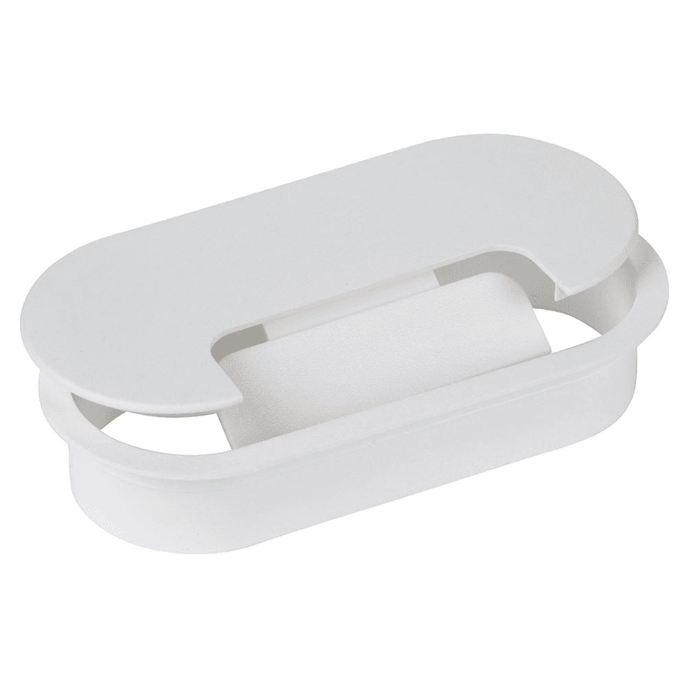 Large Oval Desk Grommet Set, White - LO3A with 1-1/8" deep liner and tab swings up and covers slot when not in use.