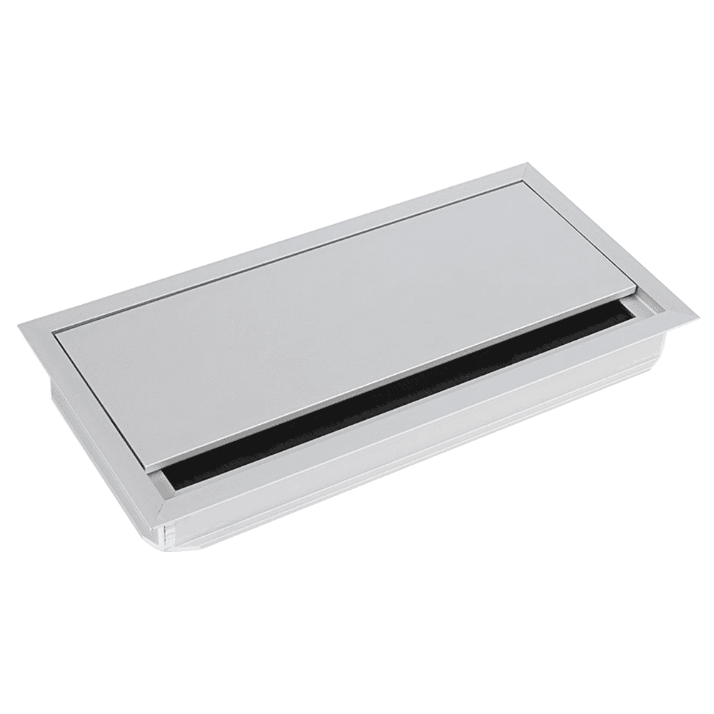 9-7/16" desk grommet with hinged flip top lid and brush liner in satin aluminum finish