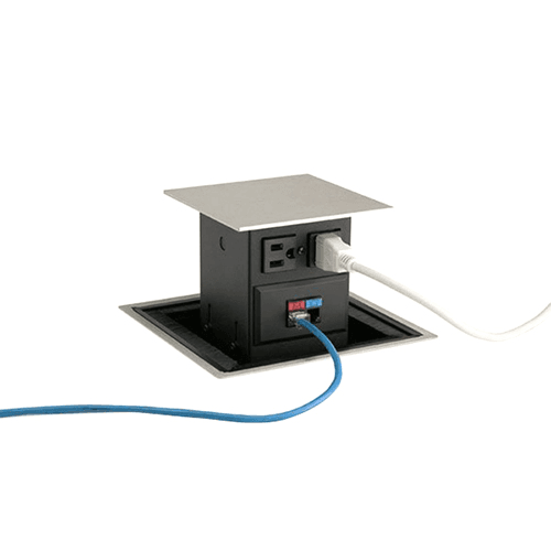 Double-sided pop-up tower with four outlets and two Category 3 and 6 data modules.