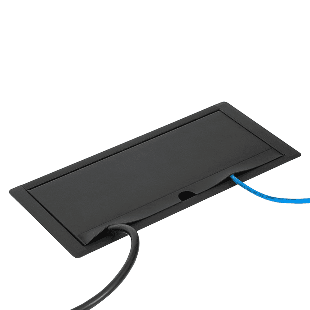 Matte black horizontal power grommet with aluminum casing and overhead enclosure