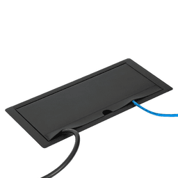 Matte black horizontal power grommet with aluminum casing and overhead enclosure