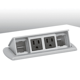 Close-up of spring loaded lid and cap pivots up to reveal two electrical outlets and two Category 5e data modules