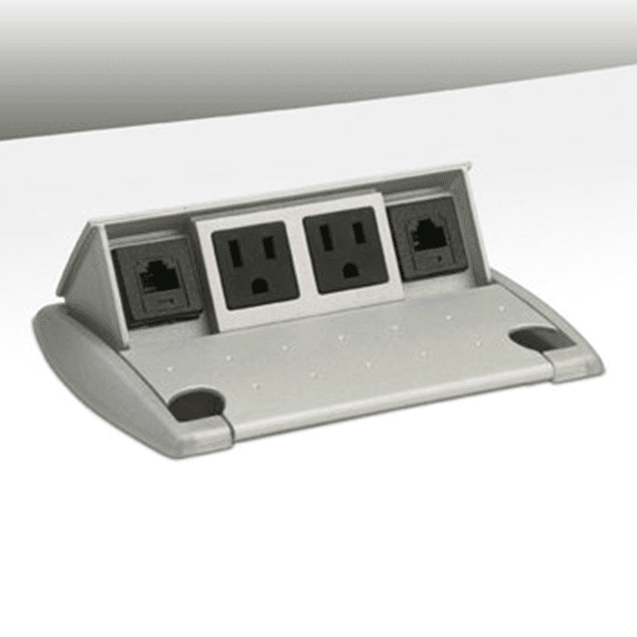 Silver Mica Power and Data Grommet with 2 Outlets and 2 Cat5e Data Jacks