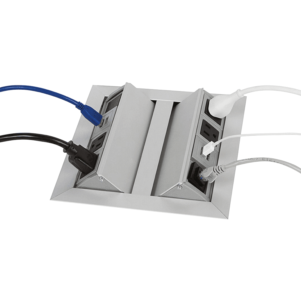 Dual-Sided Access Pop-Up Power Grommet with 4 Power Outlets and 2 Dual USB Chargers.