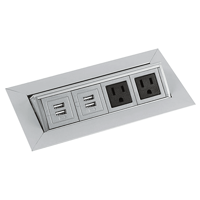Convenient and sleek pop-up power grommet with electrical and USB outlets by Doug Mockett And Company Inc