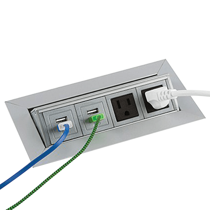 Medium pop-up power grommet with electrical and USB outlets in satin aluminum by Doug Mockett And Company Inc