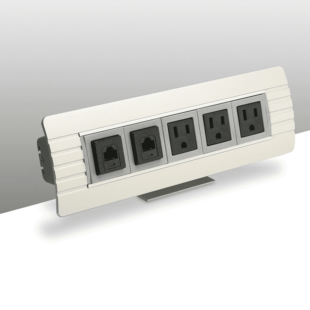 Clear anodized aluminum clamp-on grommet with 3 power outlets and 2 Cat5e data jacks