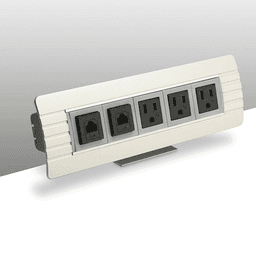 Clear anodized aluminum clamp-on grommet with 3 power outlets and 2 Cat5e data jacks
