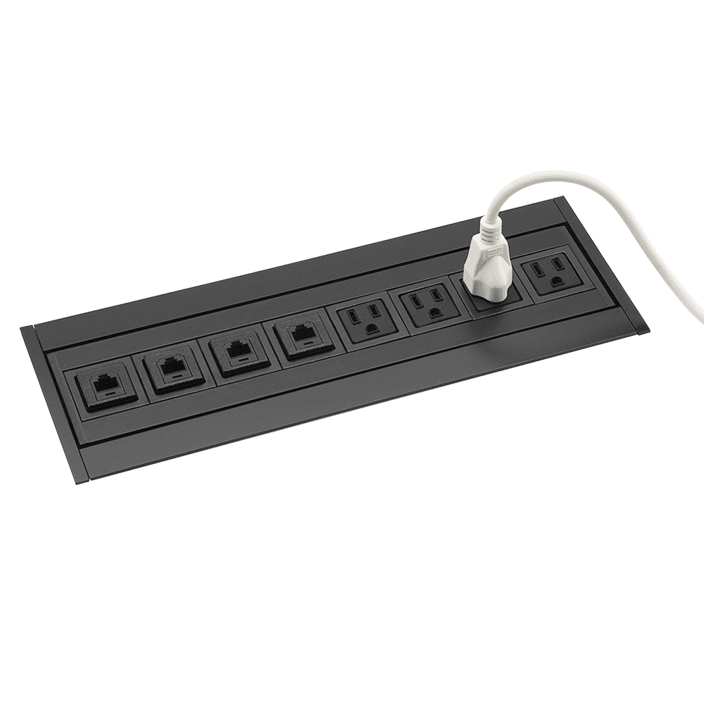 PCS51 black anodized power grommet with 4 power and 4 data jacks