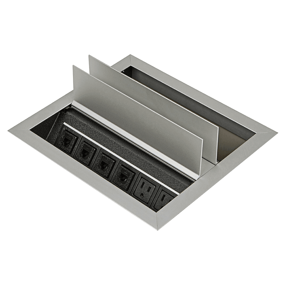 11-5/16" Dual-Sided Recessed Power Grommet with 2 Power and 4 Data Outlets, Satin Aluminum - Front View