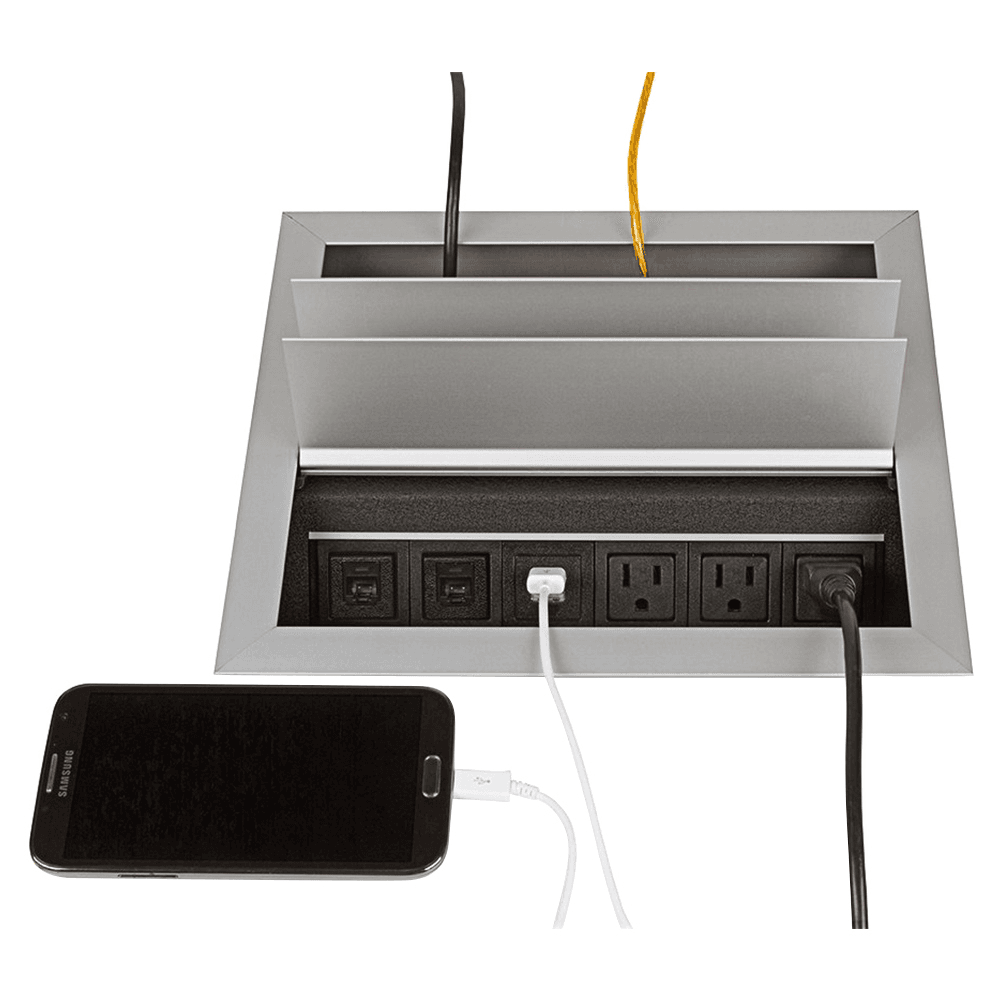 Satin Aluminum Dual-Sided Recessed Power Grommet with 3 Power and 2 Data/USB Outlets
