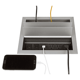 Satin Aluminum Dual-Sided Recessed Power Grommet with 3 Power and 2 Data/USB Outlets