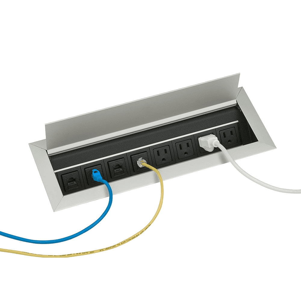 Satin Aluminum Recessed Power Grommet with 4Power and 4 Data Outlets