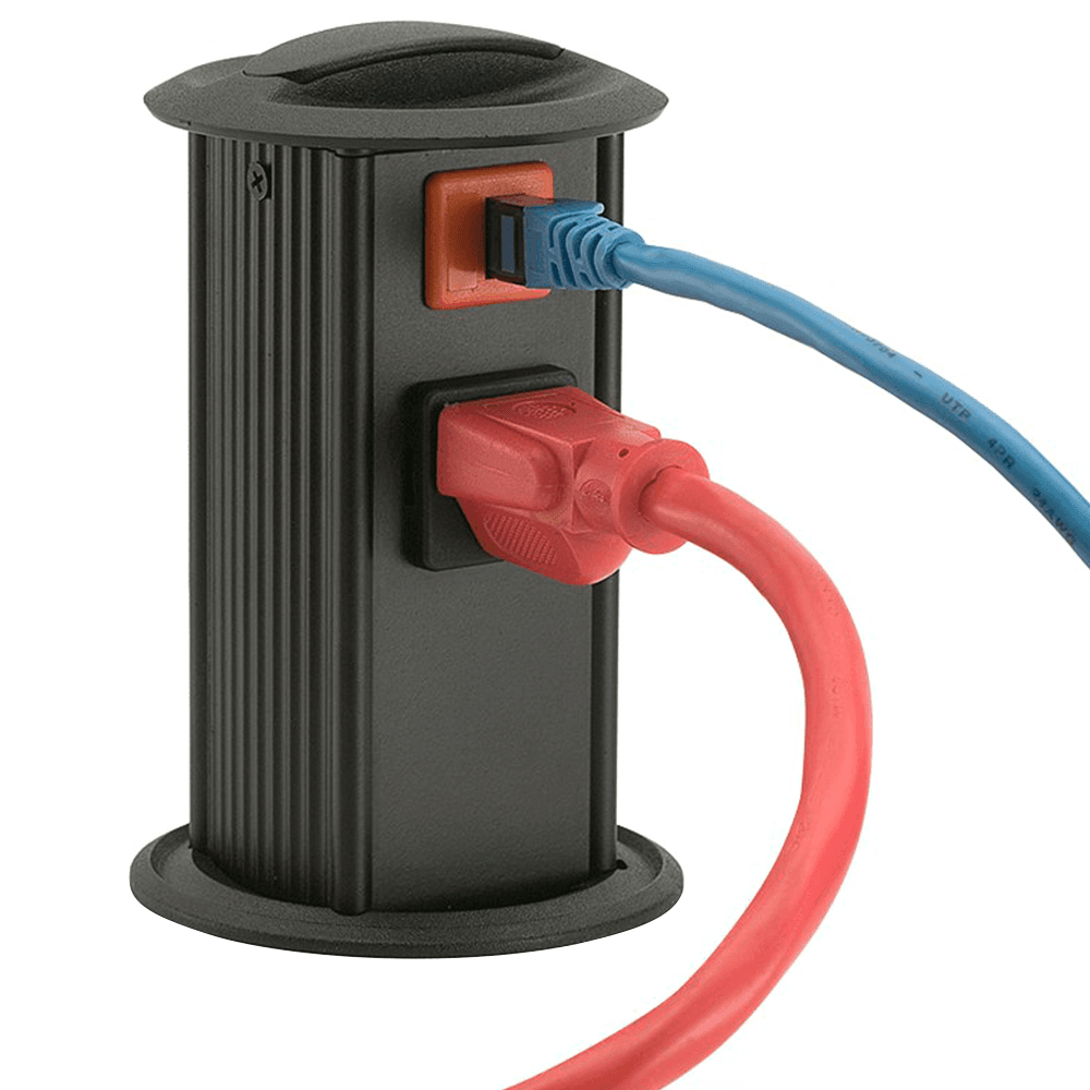 Power grommet pylon in matte black with 1 power and 1 data outlets