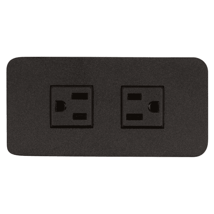 Black flush power grommet with 2 electrical outlets rated 12A/120VAC