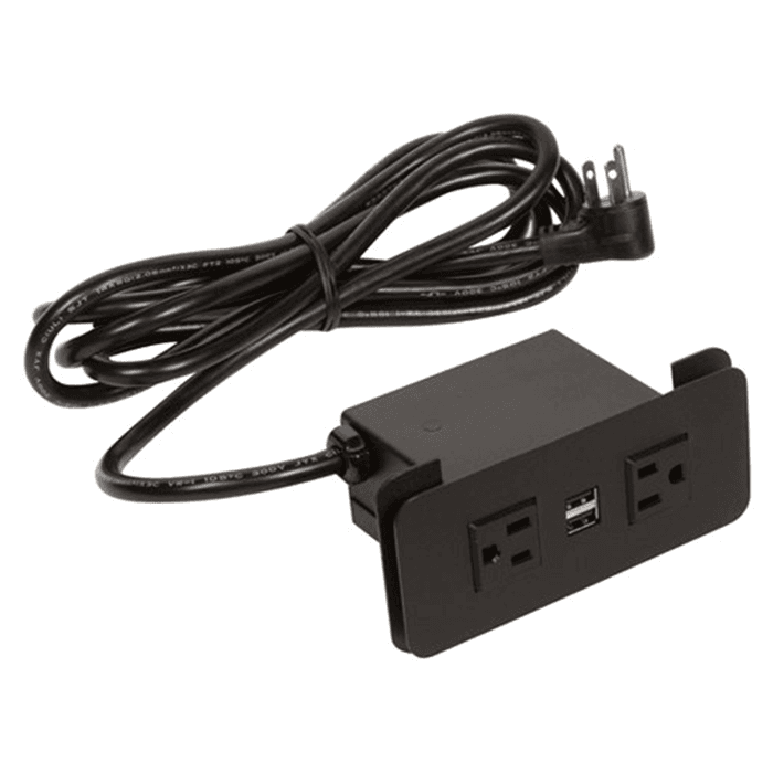 Black flush mount power grommet with dual USB and 2 power outlets