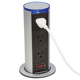 Illuminated pop-up power grommet dock in metallic silver with gas spring activation.