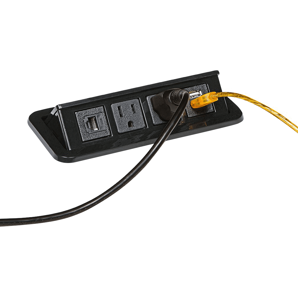 Press to pop up, press down to hide away. 2 Power Outlets, 1 Dual USB Charger, and 1 Cat5e Data Jack.