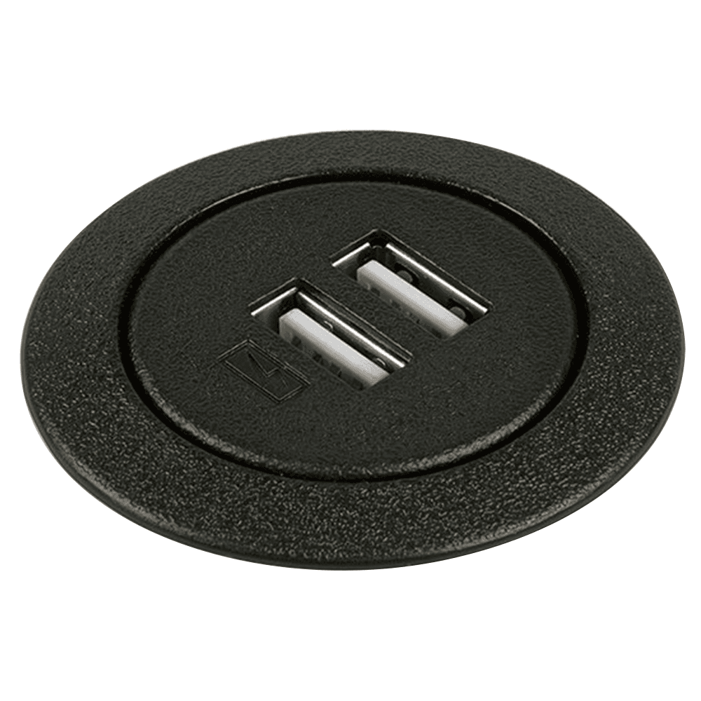 2" Round Charging Grommet with Dual USB Outlets, Black - Sleek, minimalist design mounts flush into any surface.