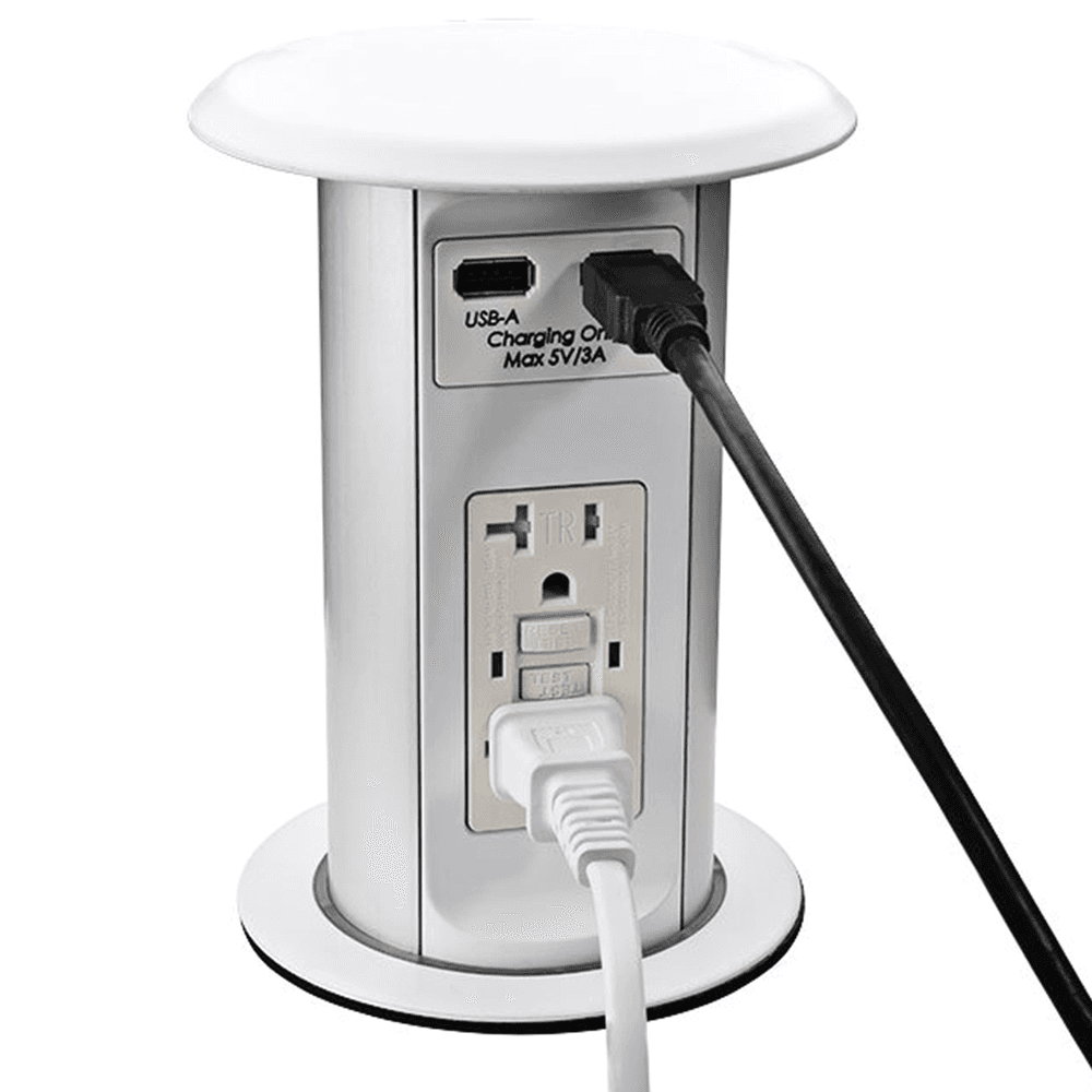 Matte White Pop-Up Kitchen Power Grommet with Tamper Resistant Receptacles and USB Charging Inputs