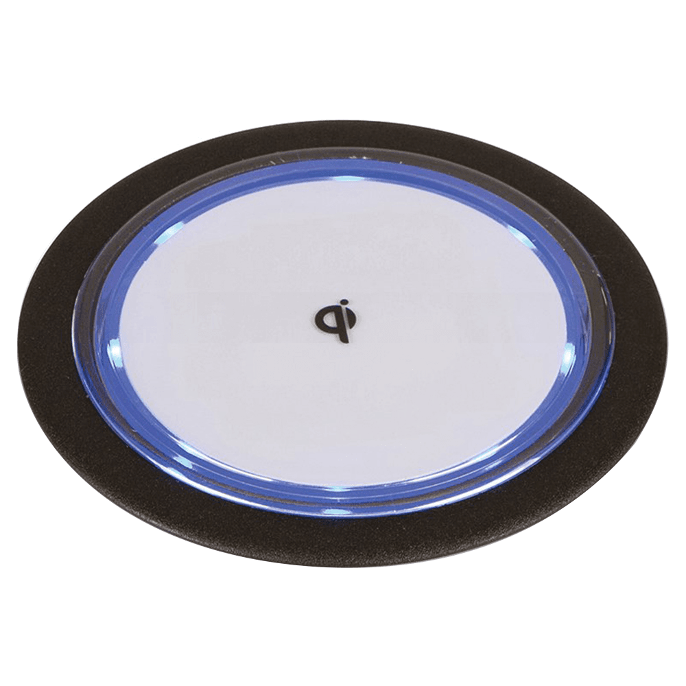 Close-up of illuminated ring indicating device is charging wirelessly on grommet