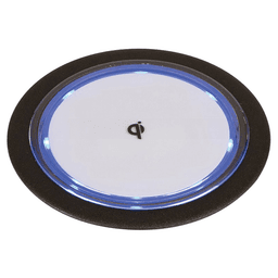 Close-up of illuminated ring indicating device is charging wirelessly on grommet