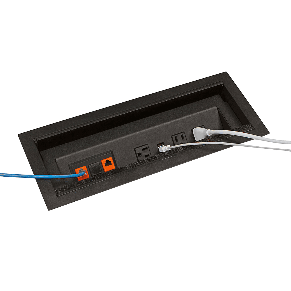 High Capacity Connectivity - 3 Power Outlets, 2 Cat5e Data Jacks, Dual USB Charger - Brush Liner Catches Cable Plugs and Prevents Dust