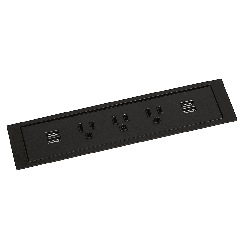 Convenient and functional Minimalist flush mount power grommet with 3 power and 2 USB outlets by Doug Mockett And Company Inc