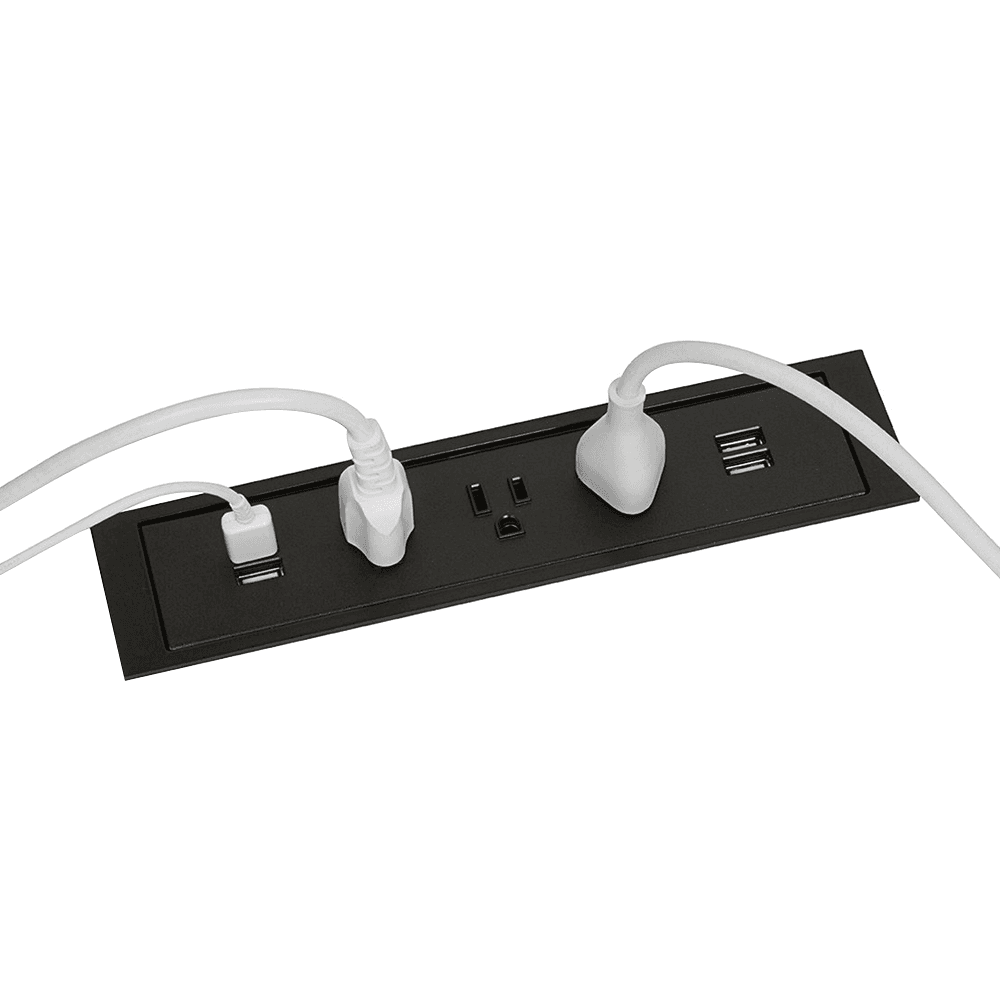 Minimalist flush mount power grommet with 3 power and 2 USB outlets in Matte Black by Doug Mockett And Company Inc